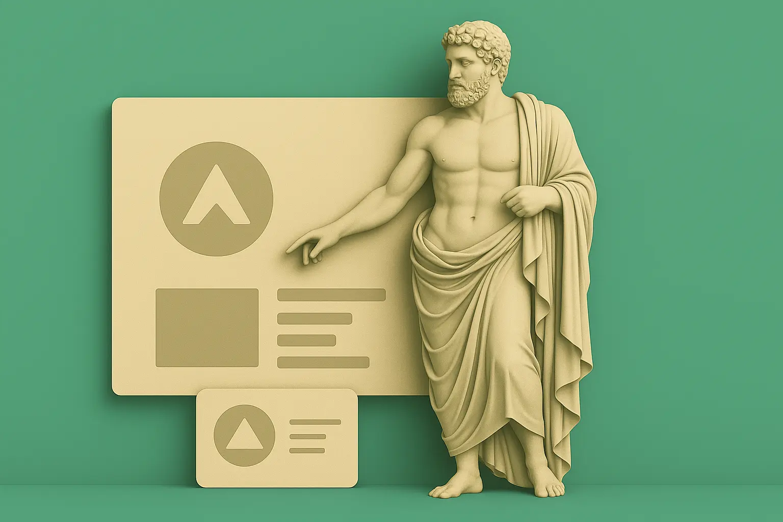 3D illustration of a classical Greek statue pointing to a modern branding UI layout without any text, blending art and design.